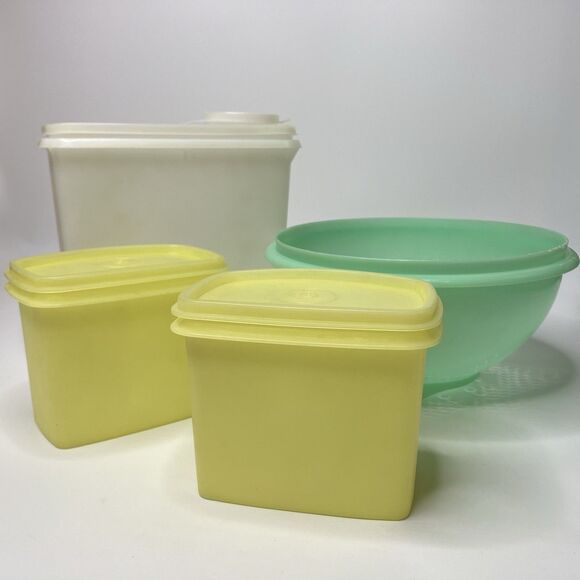 Vtg Tupperware Set of 4 Jadeite Colander Yellow Storage White Drink Container - Picture 1 of 9